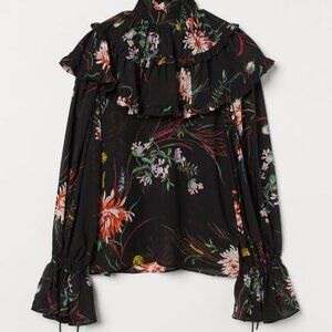 Black w/Flowers Ruffle-trimmed Chiffon Blouse H&M